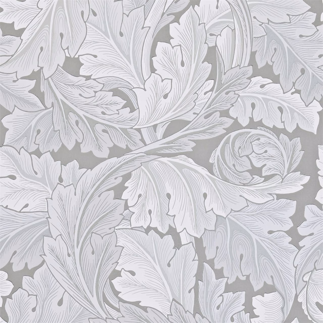 Pale acanthus leaves with fine grey outlines on a cool silver-grey wallpaper ground