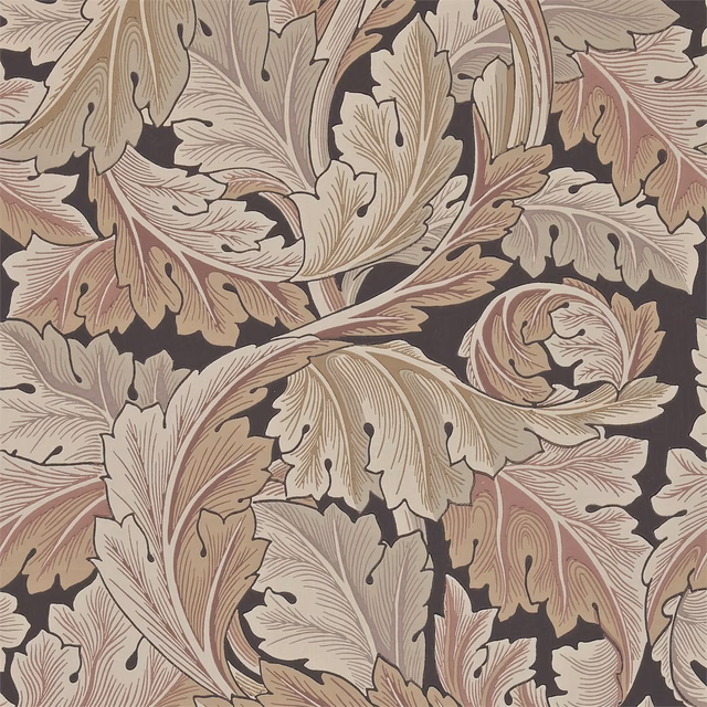 Muted terracotta acanthus leaves and beige foliage on a charcoal wallpaper ground