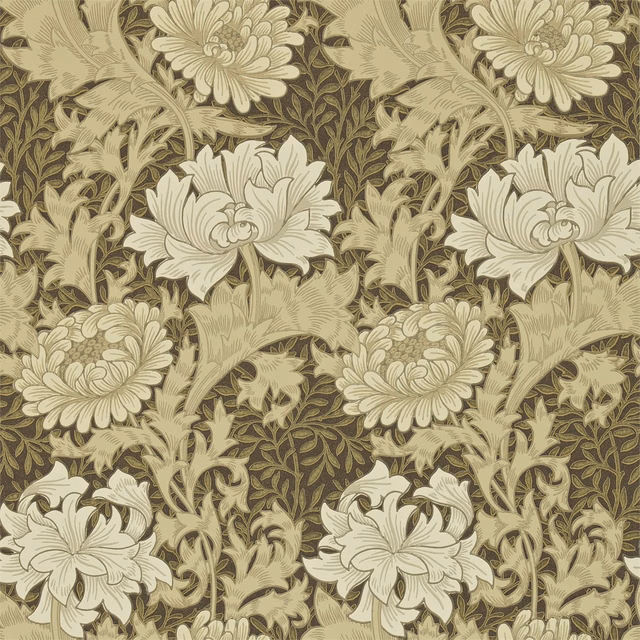 Cream chrysanthemum blooms and olive foliage on a dark brown botanical wallpaper