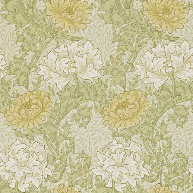 Pale olive wallpaper with cream and ochre chrysanthemum blooms and fine botanical linework