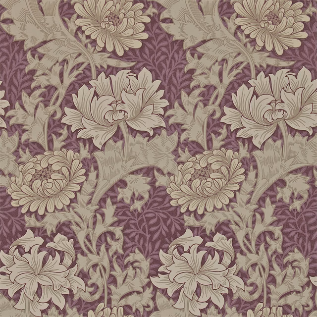 Wine-plum wallpaper with cream chrysanthemums and sage foliage in a dense repeat