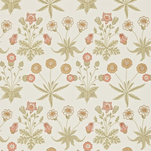 Coral and sage botanical flowers on a warm cream Daisy wallpaper ground