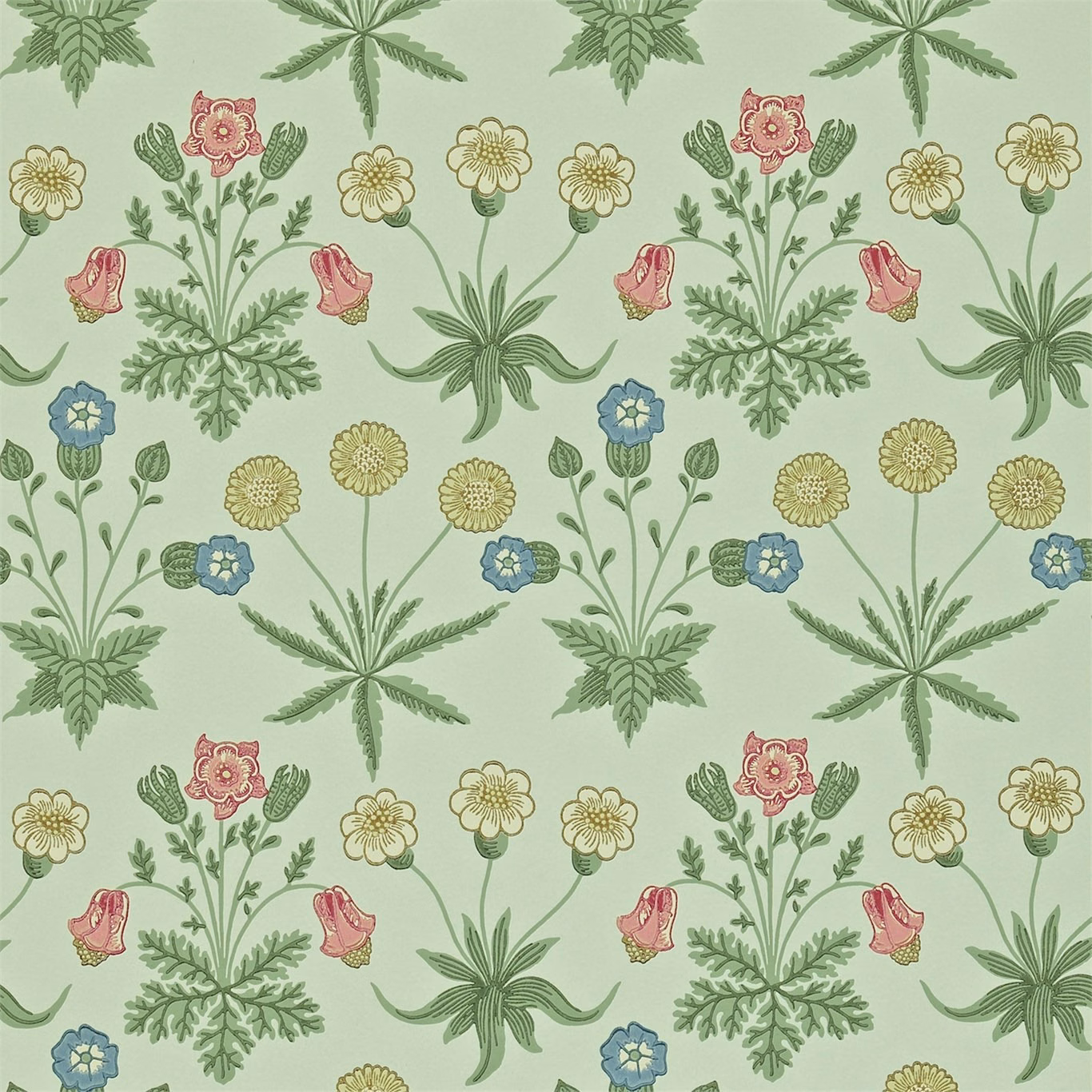Pale sage wallpaper with rose, blue and yellow flowers among leafy botanical sprigs