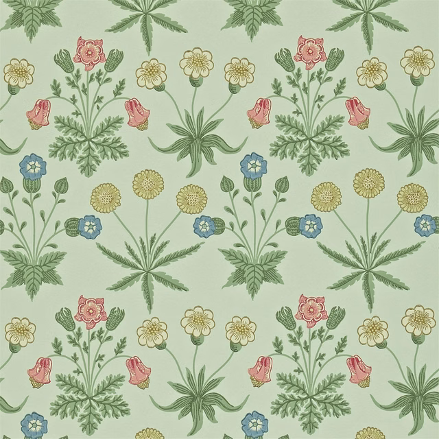Pale sage wallpaper with rose, blue and yellow flowers among leafy botanical sprigs