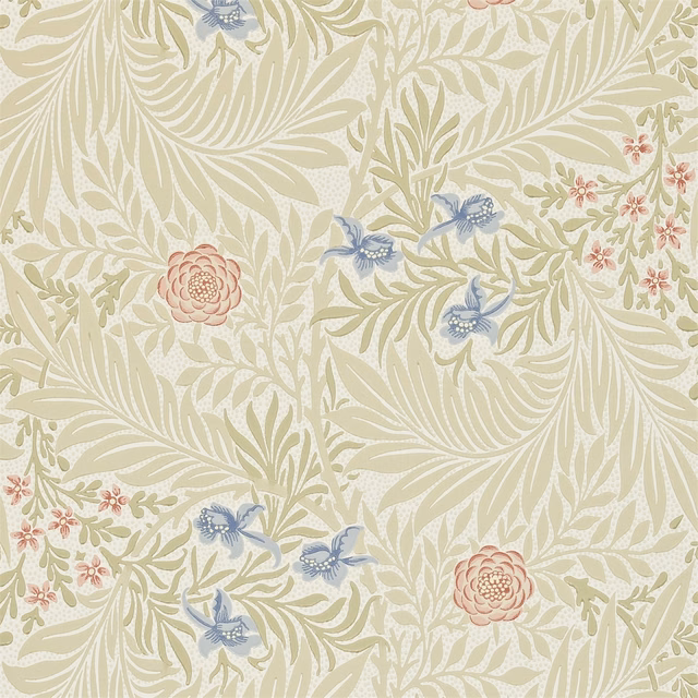 Manilla floral wallpaper with sage leaves, dusty blue flowers and old rose blooms