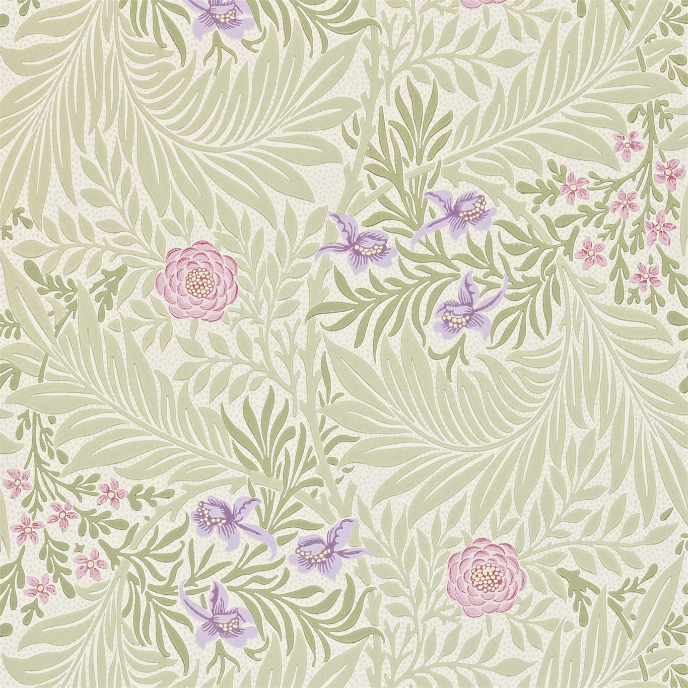 Pale olive botanical wallpaper with lilac irises and blush pink blossoms