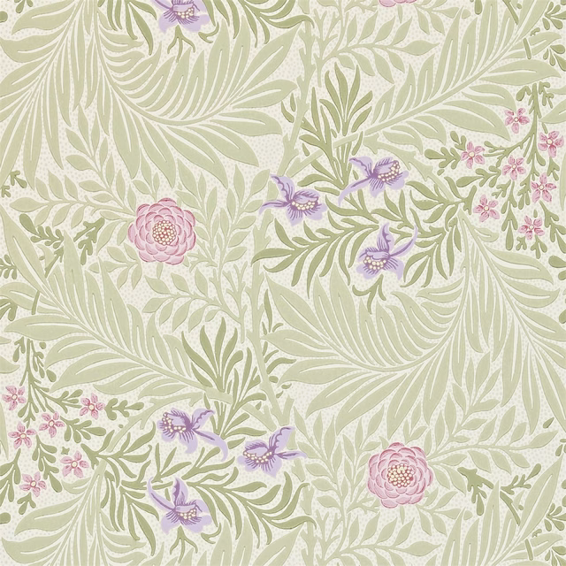 Pale olive botanical wallpaper with lilac irises and blush pink blossoms