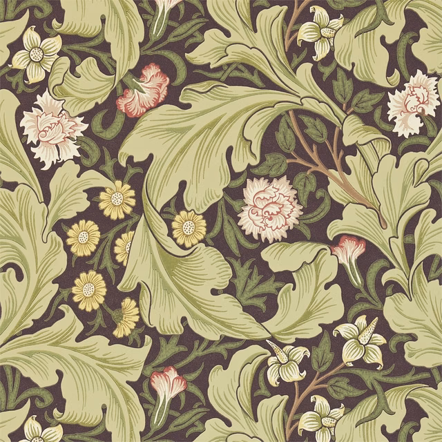 Chocolate olive wallpaper with pale acanthus leaves, cream flowers and pink botanical details