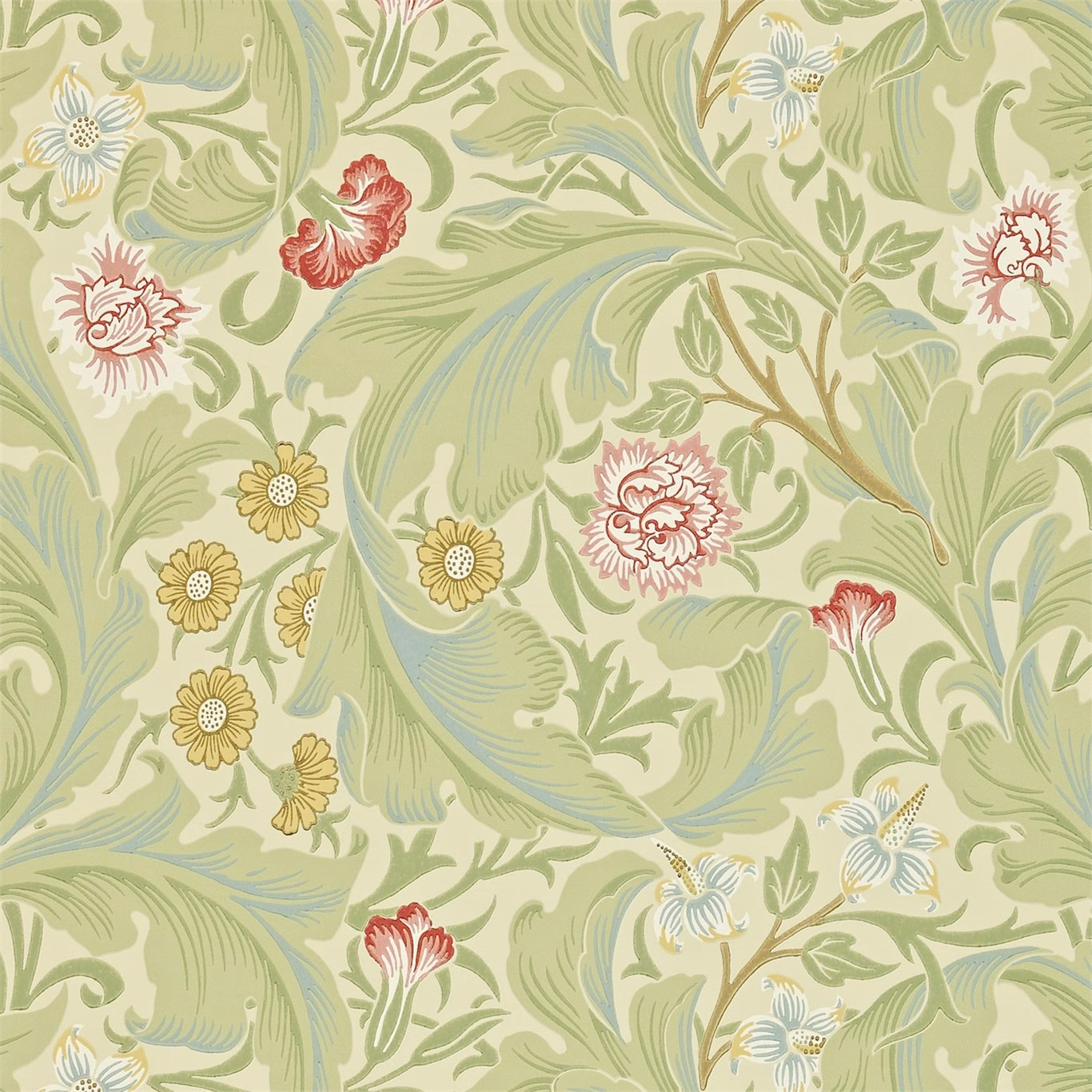 Sage-green wallpaper with coral flowers, cream blooms and scrolling blue-green foliage