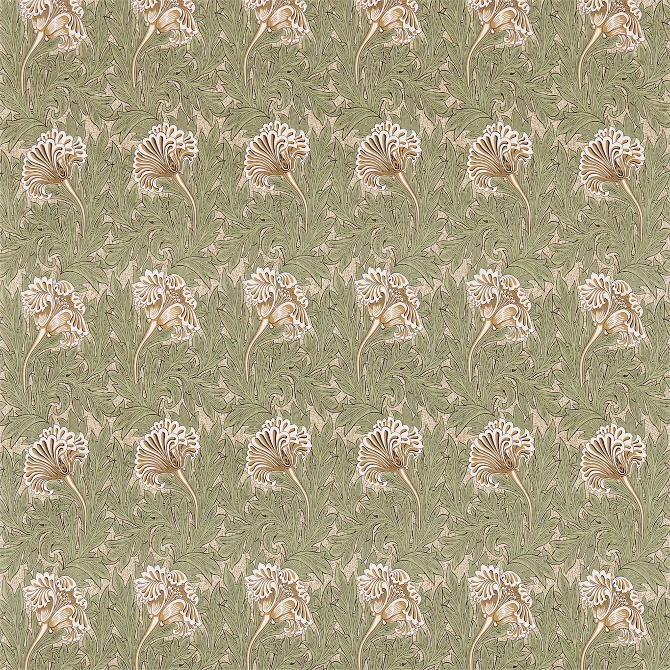 Muted artichoke green fabric with cream and gold tulip flowers and scrolling leaves