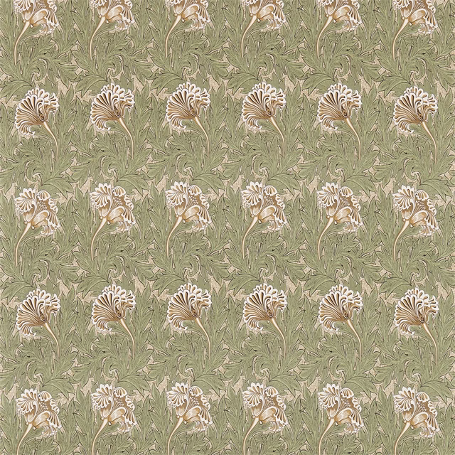 Muted artichoke green fabric with cream and gold tulip flowers and scrolling leaves
