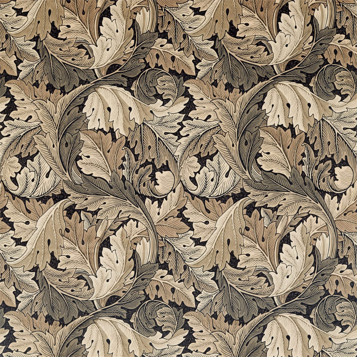 Charcoal-grey velvet with cream acanthus leaves, dark outlines and dense botanical repeat