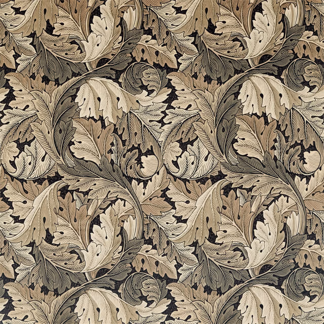 Charcoal-grey velvet with cream acanthus leaves, dark outlines and dense botanical repeat