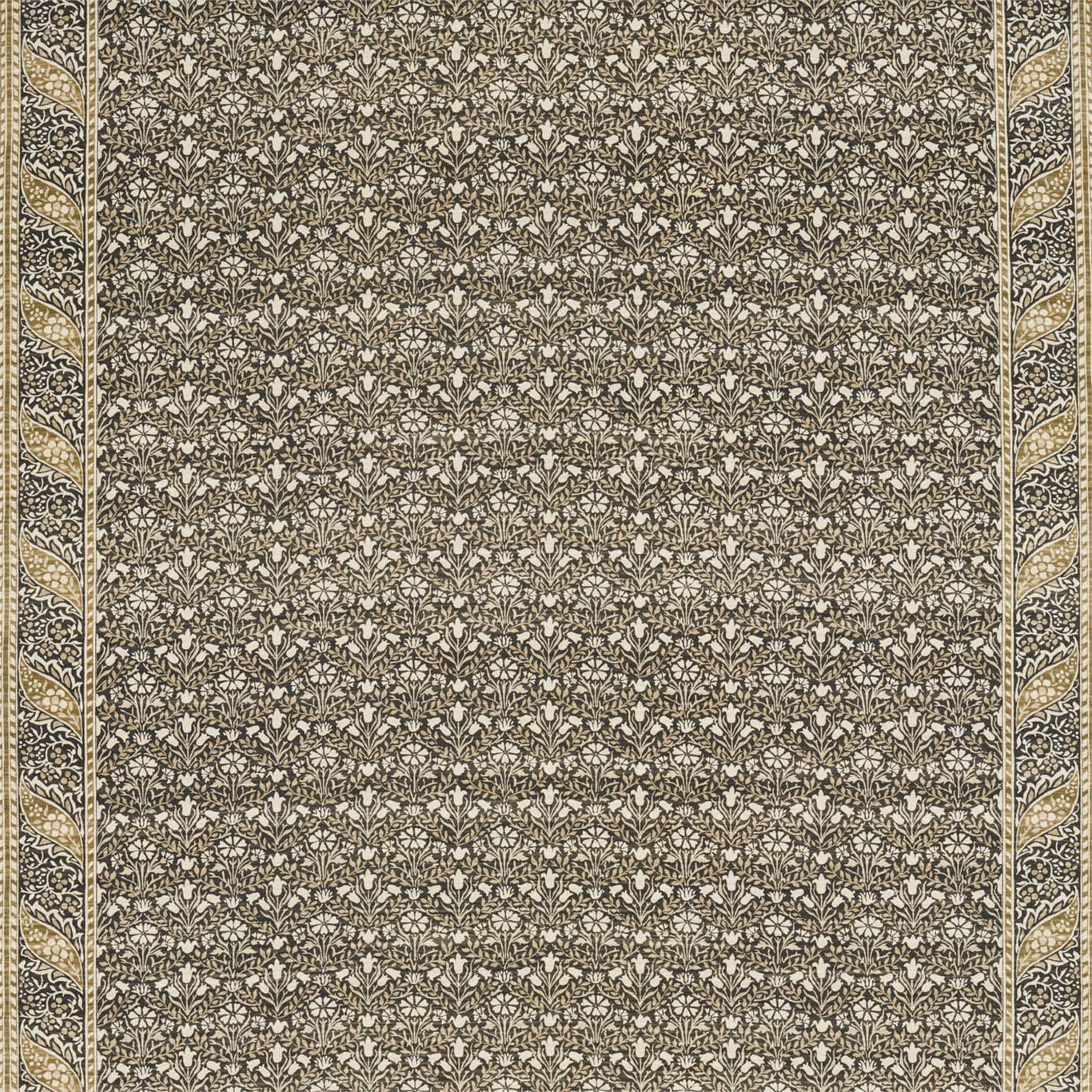 Charcoal and olive bellflower textile with fine cream botanical detail and border stripes