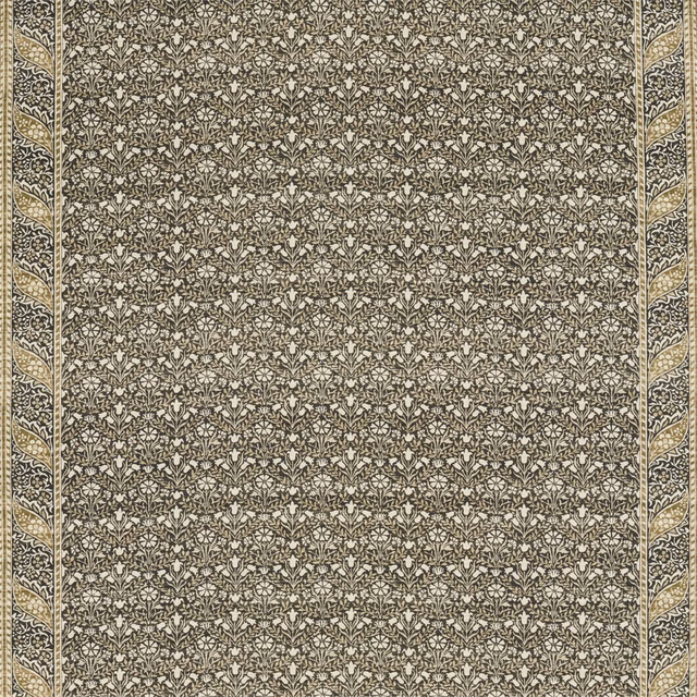 Charcoal and olive bellflower textile with fine cream botanical detail and border stripes