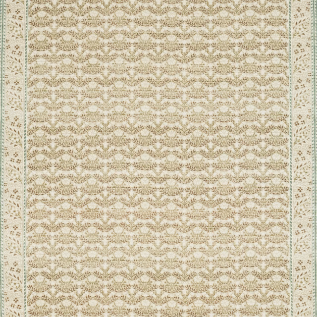 Cream textile with repeating fennel-grey bellflowers and pale teal side borders