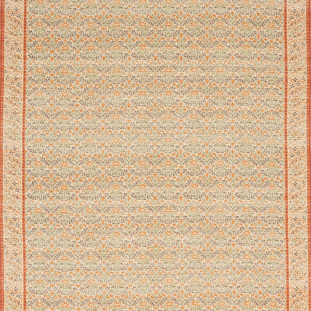 Saffron and olive bellflower rows, coral accents, and narrow patterned borders