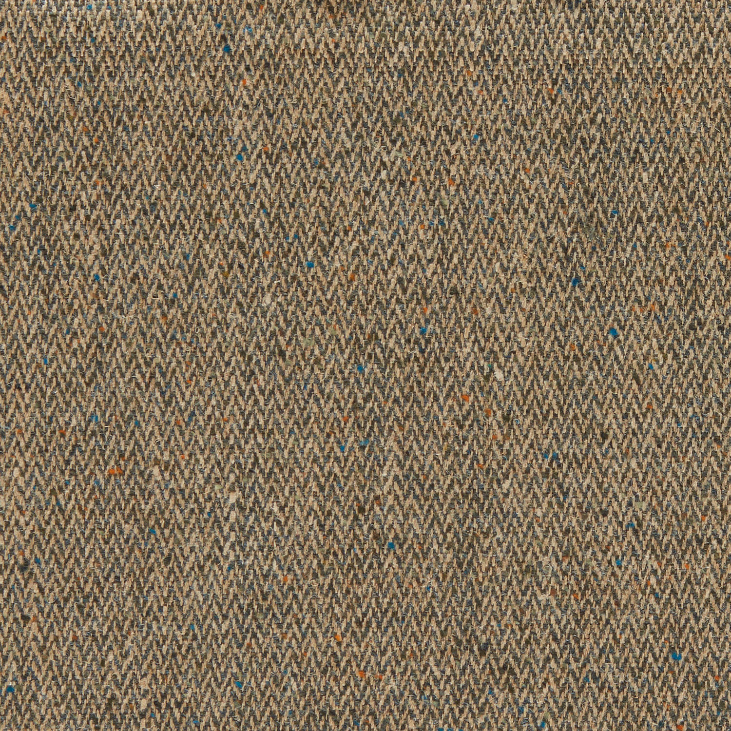 Muted bottle-green taupe herringbone weave with tiny blue and rust flecks
