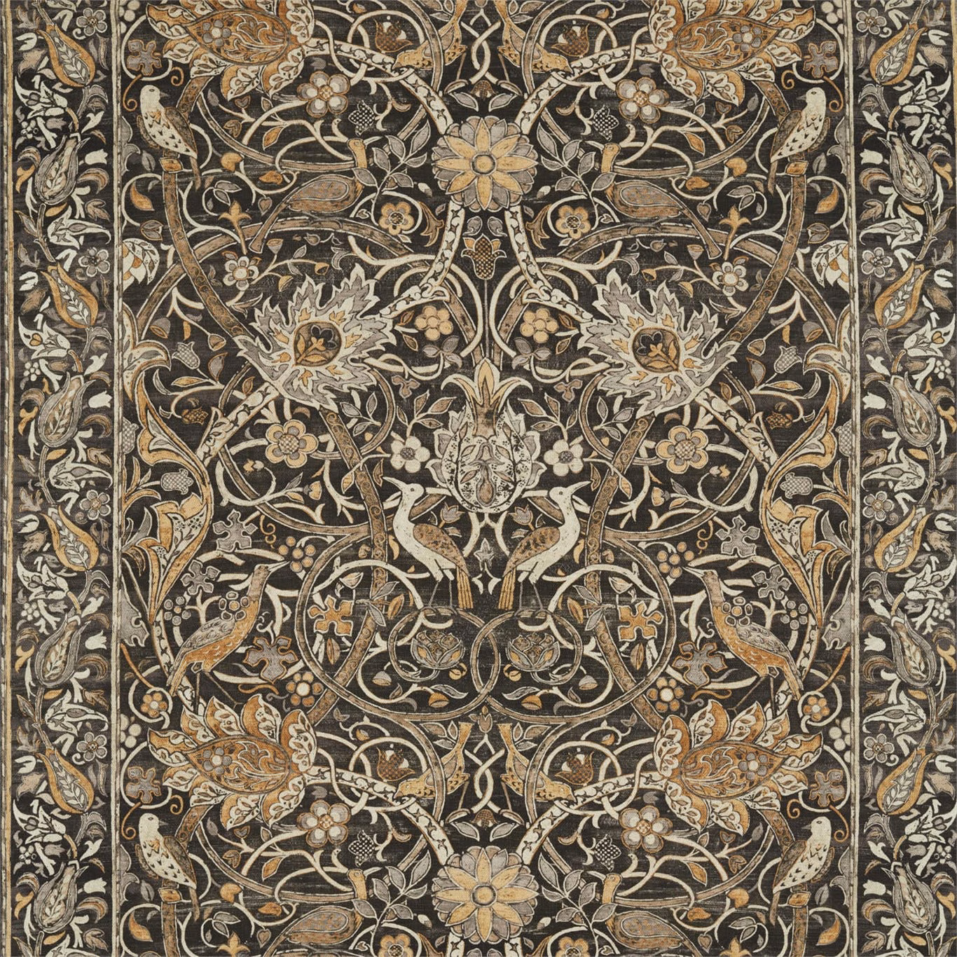 Charcoal botanical textile with mustard flowers, birds and scrolling vines in a dense repeat