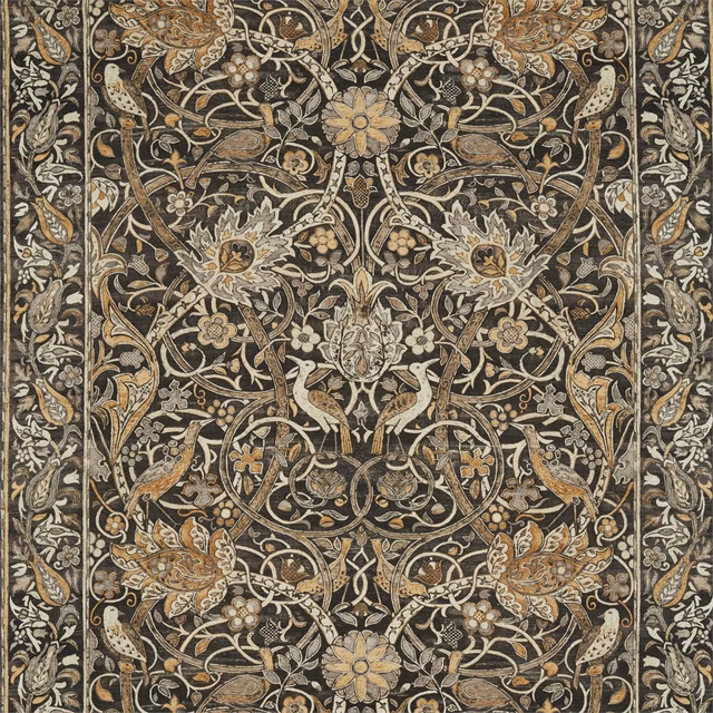 Charcoal botanical textile with mustard flowers, birds and scrolling vines in a dense repeat