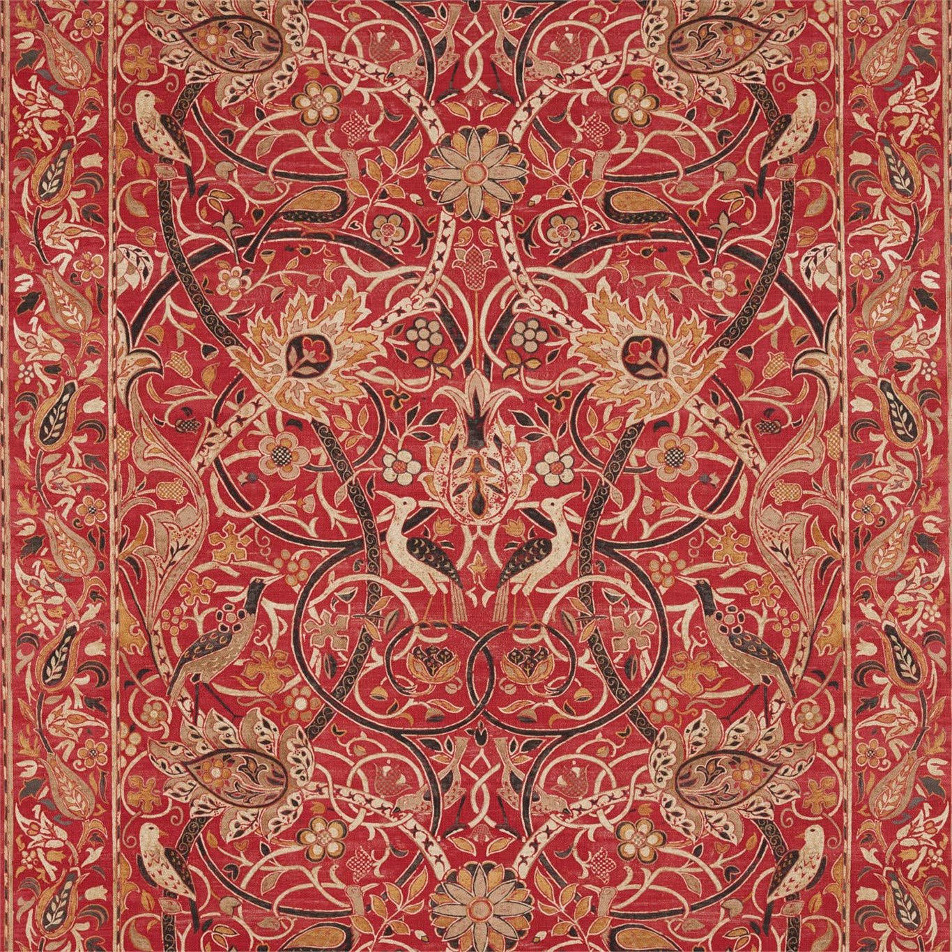 Paprika-red textile with gold scrolling vines, birds and central floral medallions