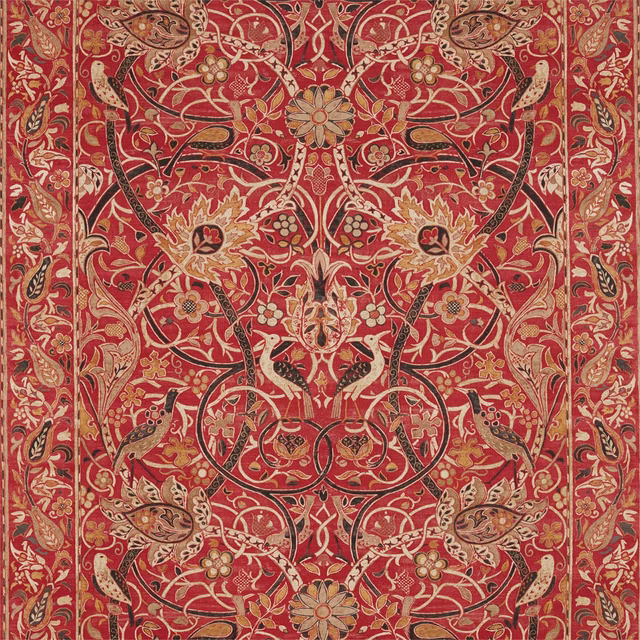 Paprika-red textile with gold scrolling vines, birds and central floral medallions