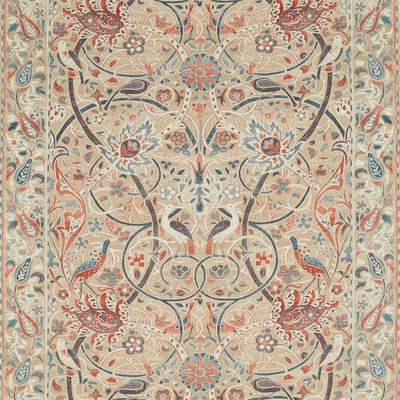 Manilla floral fabric with spice-red birds, scrolling stems and blue-grey accents