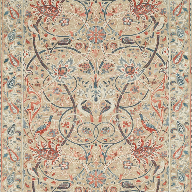 Manilla floral fabric with spice-red birds, scrolling stems and blue-grey accents
