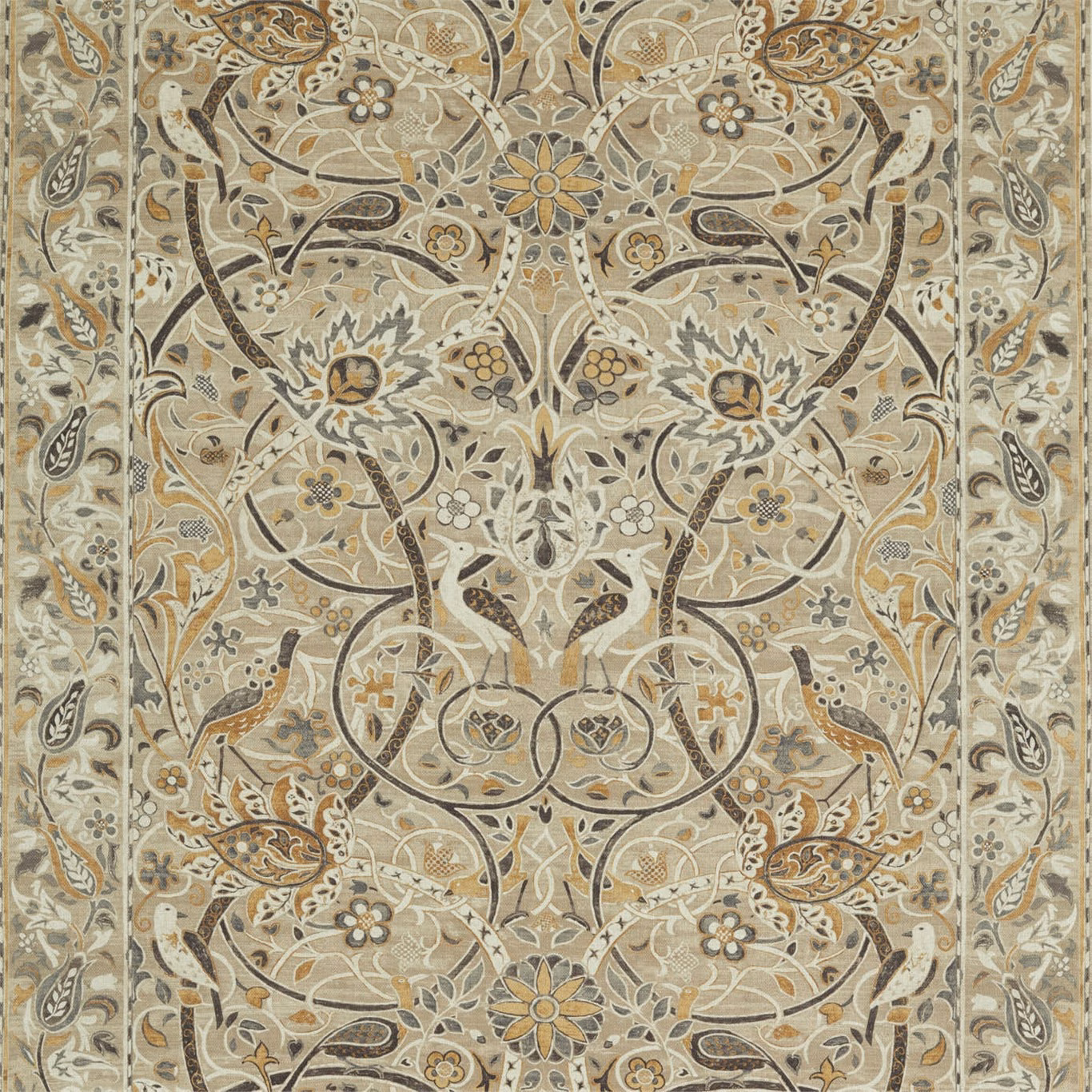 Stone-beige and mustard woven floral paisley with scrolling vines and dark taupe accents
