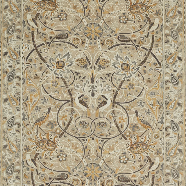 Stone-beige and mustard woven floral paisley with scrolling vines and dark taupe accents