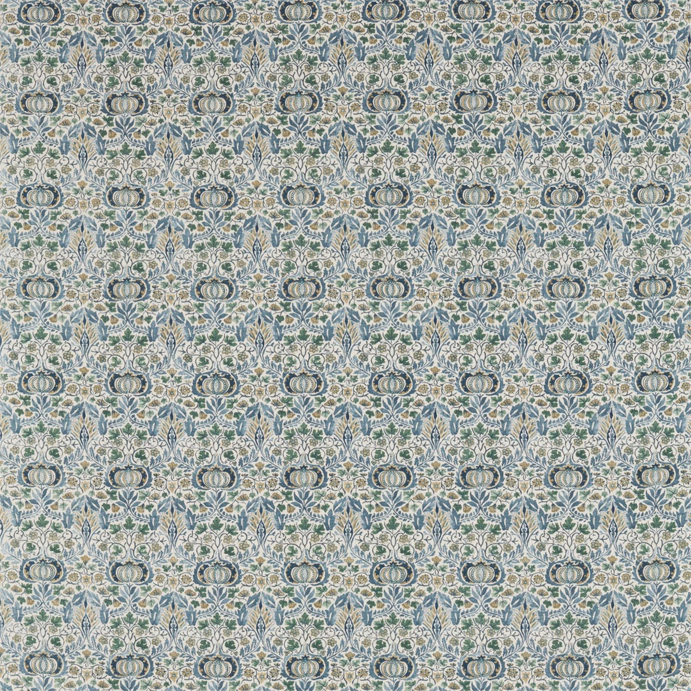Blue-grey and fennel floral chintz with oval motifs on a cream ground
