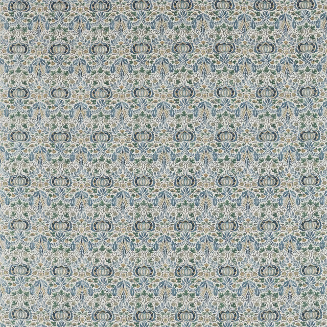 Blue-grey and fennel floral chintz with oval motifs on a cream ground