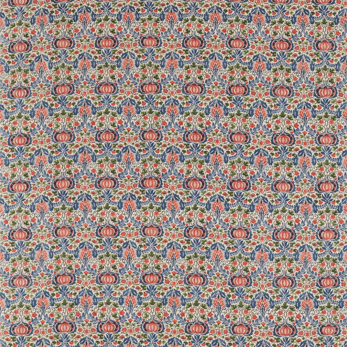 Dense indigo chintz with carmine floral medallions, cream blossoms and green leaves