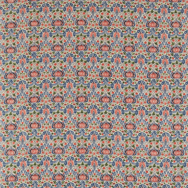 Dense indigo chintz with carmine floral medallions, cream blossoms and green leaves