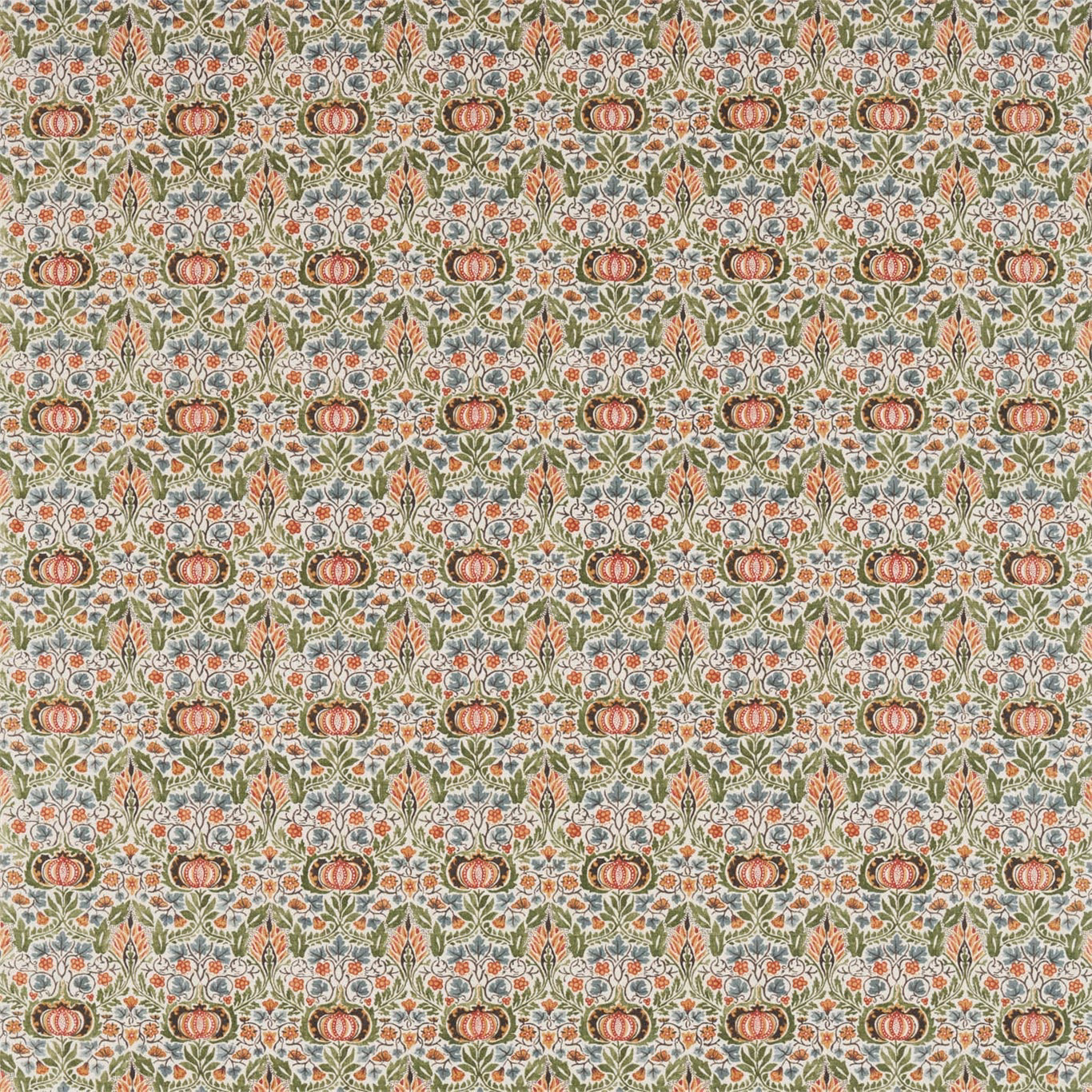 Muted olive ground with ochre fruit motifs, coral flowers and blue-grey leafy sprays