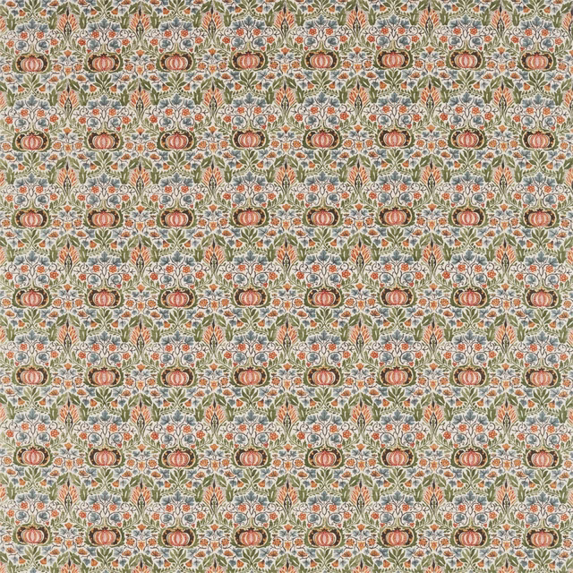 Muted olive ground with ochre fruit motifs, coral flowers and blue-grey leafy sprays