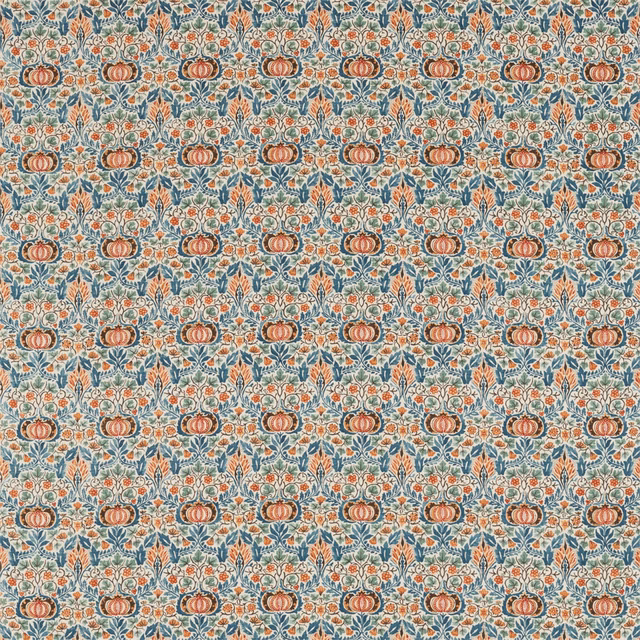 Muted teal chintz with saffron floral medallions and curling botanical foliage