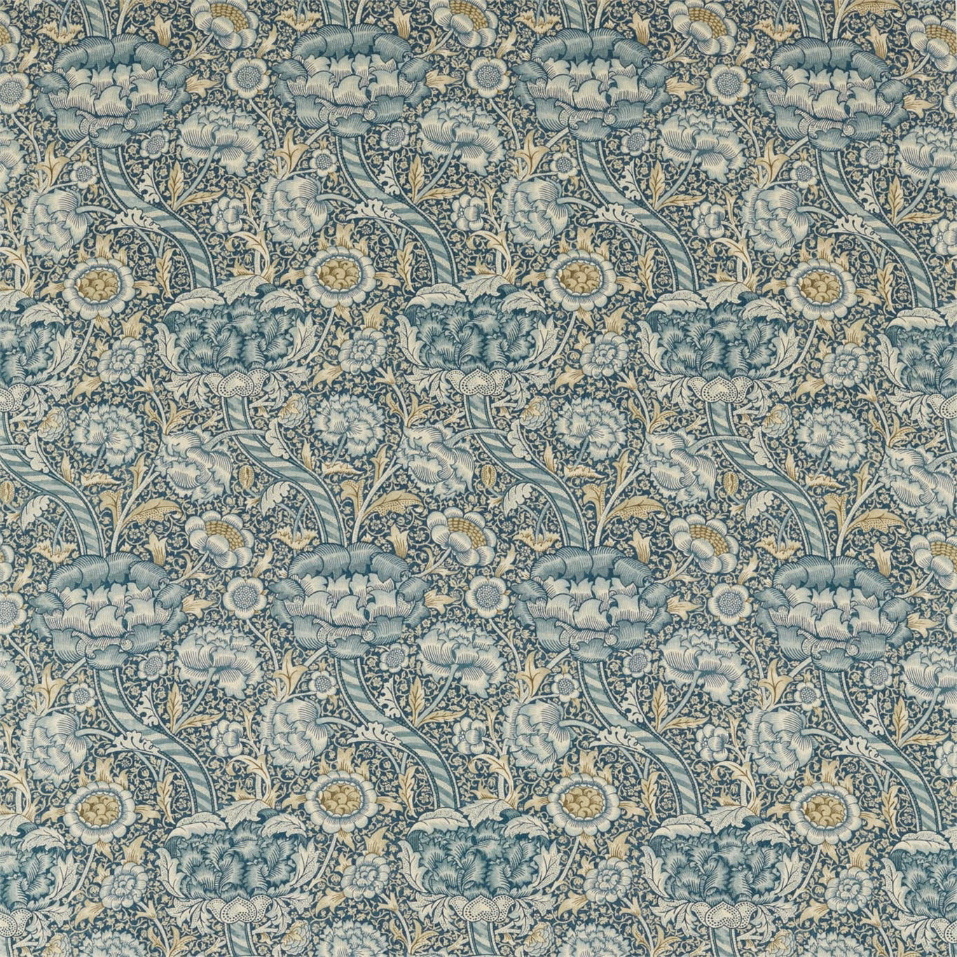 Muted blue and stone floral upholstery fabric with scrolling leaves and ochre flower centres