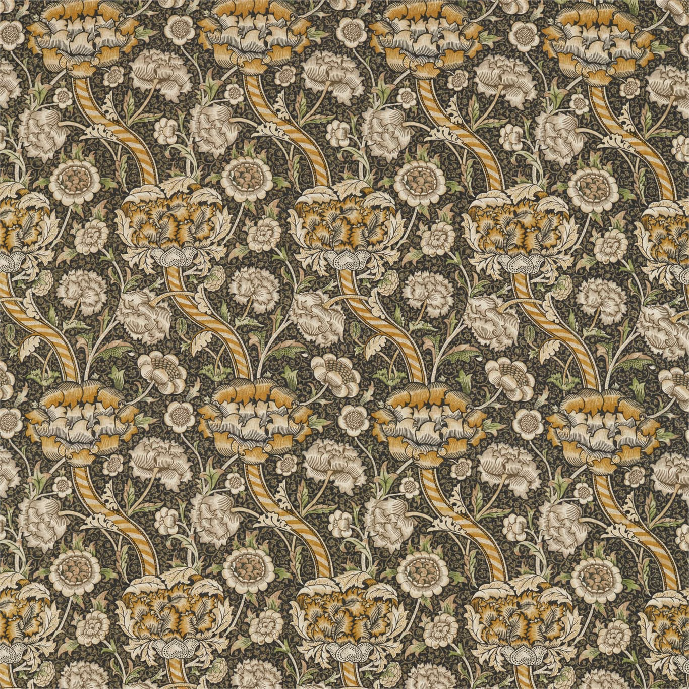 Charcoal floral textile with mustard scrolls, cream blossoms and olive foliage