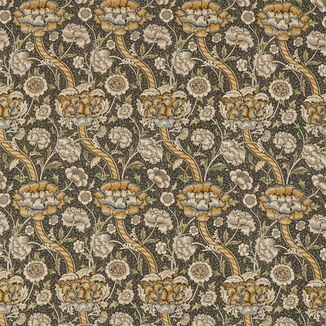 Charcoal floral textile with mustard scrolls, cream blossoms and olive foliage