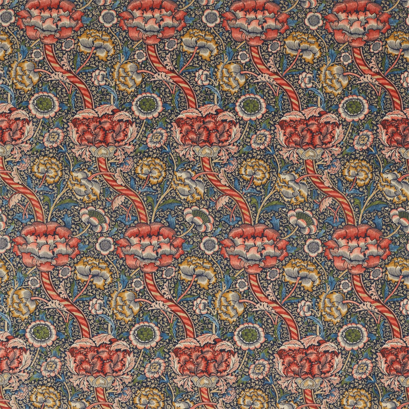 Indigo floral textile with carmine flowers, curling stems and ochre botanical details