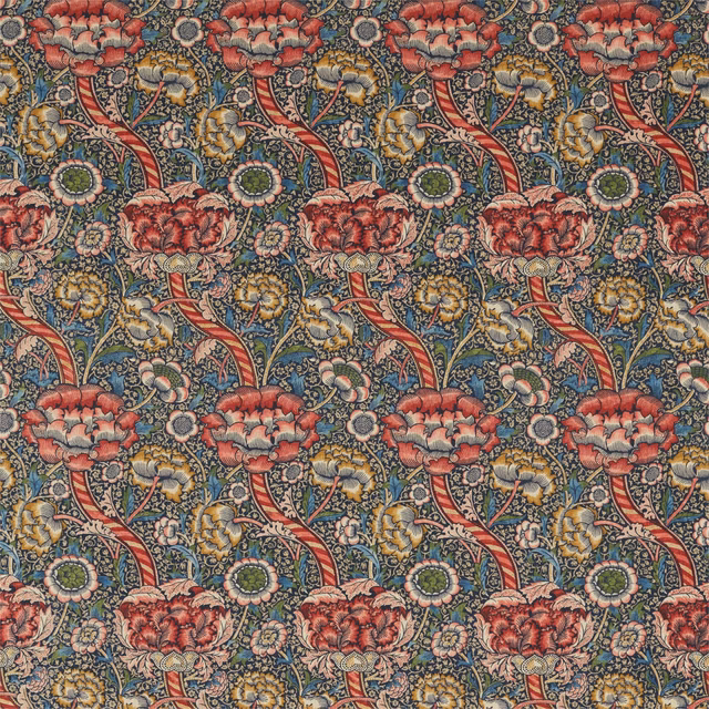 Indigo floral textile with carmine flowers, curling stems and ochre botanical details