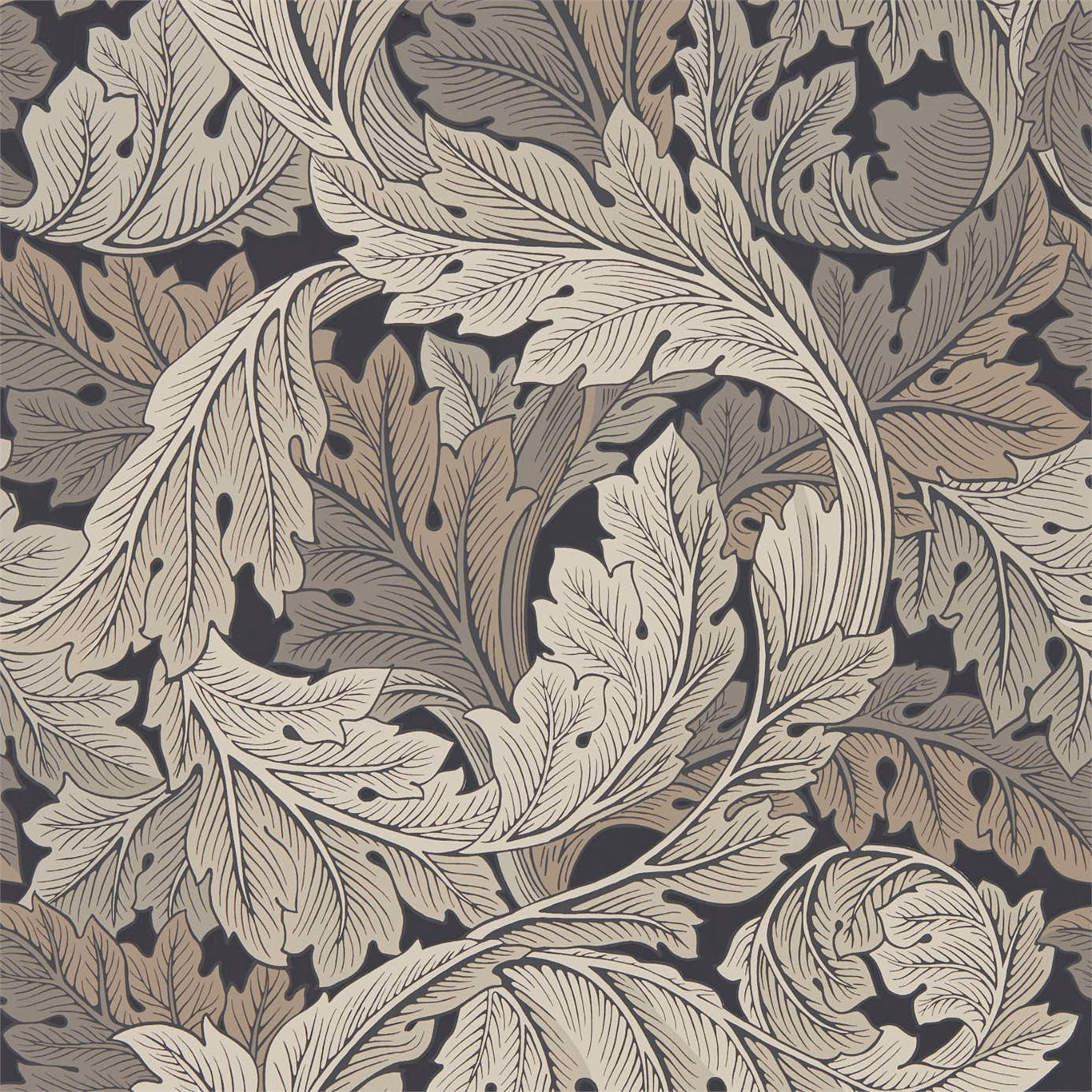 Charcoal and grey wallpaper with outlined acanthus leaves and warm stone accents