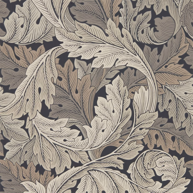 Charcoal and grey wallpaper with outlined acanthus leaves and warm stone accents