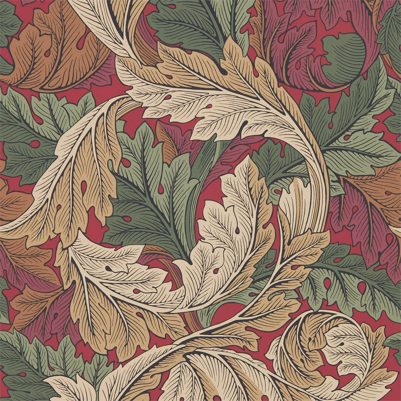Madder burgundy wallpaper with sage, parchment and ochre acanthus leaves