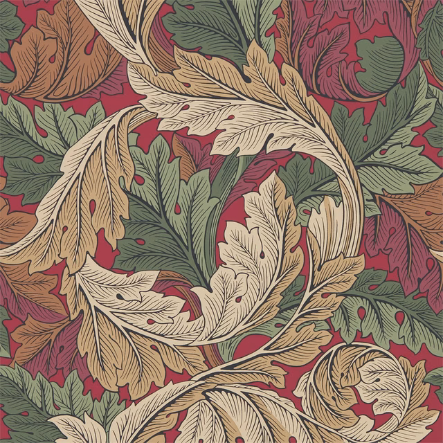 Madder burgundy wallpaper with sage, parchment and ochre acanthus leaves