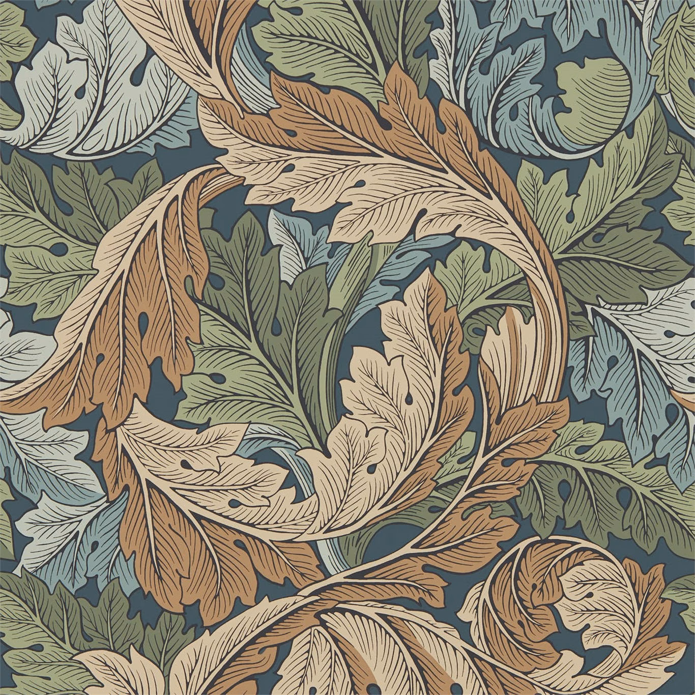 Slate blue wallpaper with curling acanthus leaves in thyme green, cream and terracotta