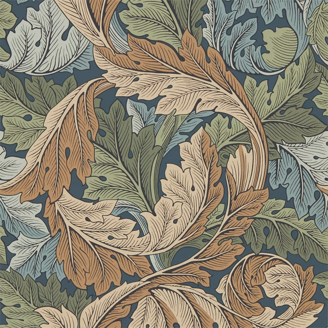 Slate blue wallpaper with curling acanthus leaves in thyme green, cream and terracotta
