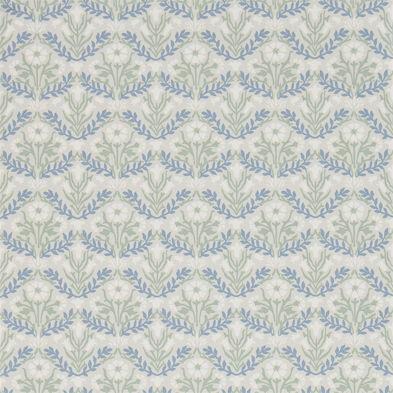 Pale grey wallpaper with fennel-green stems and dusty blue bellflower sprays