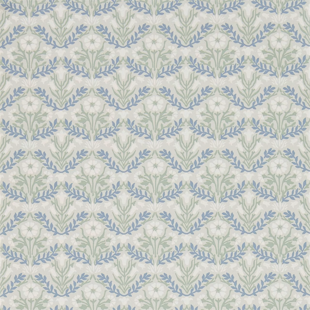 Pale grey wallpaper with fennel-green stems and dusty blue bellflower sprays